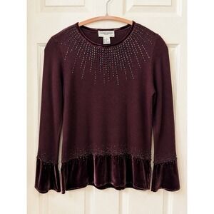 Alfred Dunner Sweater PS Plum Beaded Velvet Trim Long Sleeve Holiday Festive Top